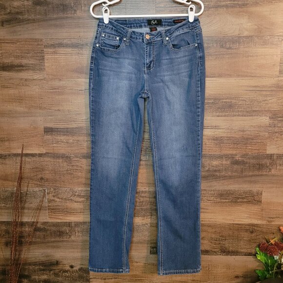 Earl Jeans Womens 10 Straight Leg Embellished Button Flap Mid Rise Medium Wash - Picture 2 of 11